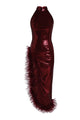 Feather Sequin Slits Dress In Burgundy