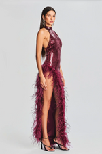 Feather Sequin Slits Dress In Burgundy