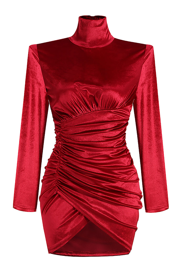 High Neck Long Sleeve Draped Velvet Dress IULOVER High Neck Long Sleeve Draped Velvet Dress IULOVER