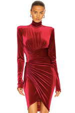Burgundy Velvet High Neck Long Sleeve Draped Mini Dress - IULOVER