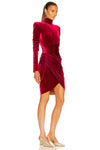 Burgundy Velvet High Neck Long Sleeve Draped Mini Dress - IULOVER