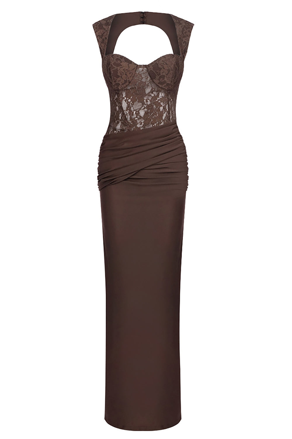 Cap Sleeves Pleated Lace Maxi Dress Borwn