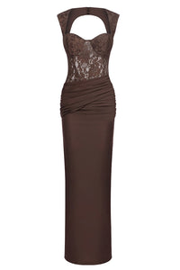 Cap Sleeves Pleated Lace Maxi Dress Borwn