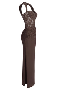 Cap Sleeves Pleated Lace Maxi Dress Borwn