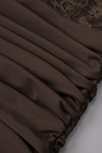 Cap Sleeves Pleated Lace Maxi Dress Borwn