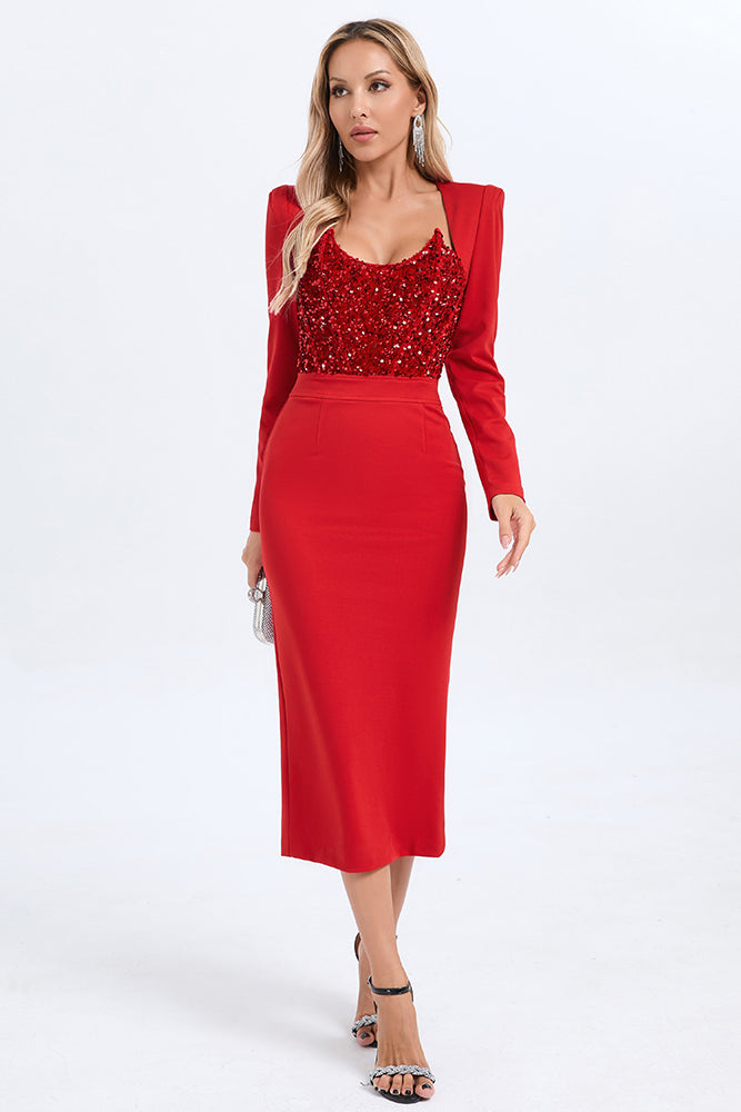 Cap Sleeves Sequin Embellished Midi Dress in Red Black