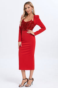 Cap Sleeves Sequin Embellished Midi Dress in Red Black