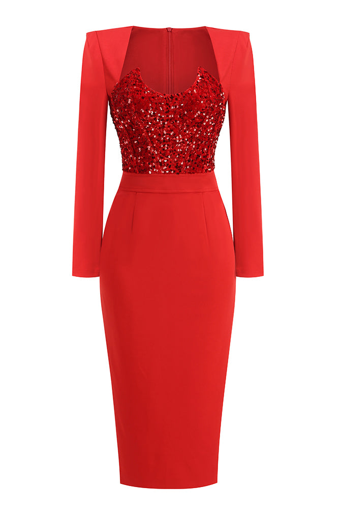 Cap Sleeves Sequin Embellished Midi Dress in Red Black