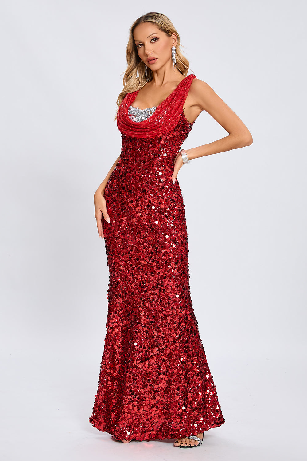 Cowl Sequin Maxi Evening Gown