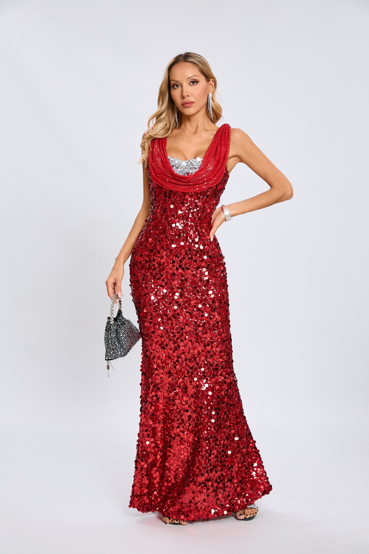 Cowl Sequin Maxi Evening Gown