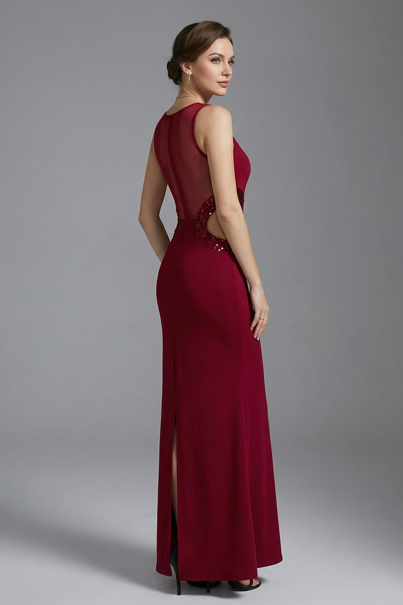 Cut Out Sequin Mesh-insert Maxi Dress In Burgundy