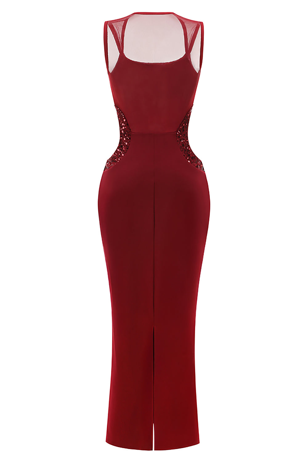 Cut Out Sequin Mesh-insert Maxi Dress In Burgundy