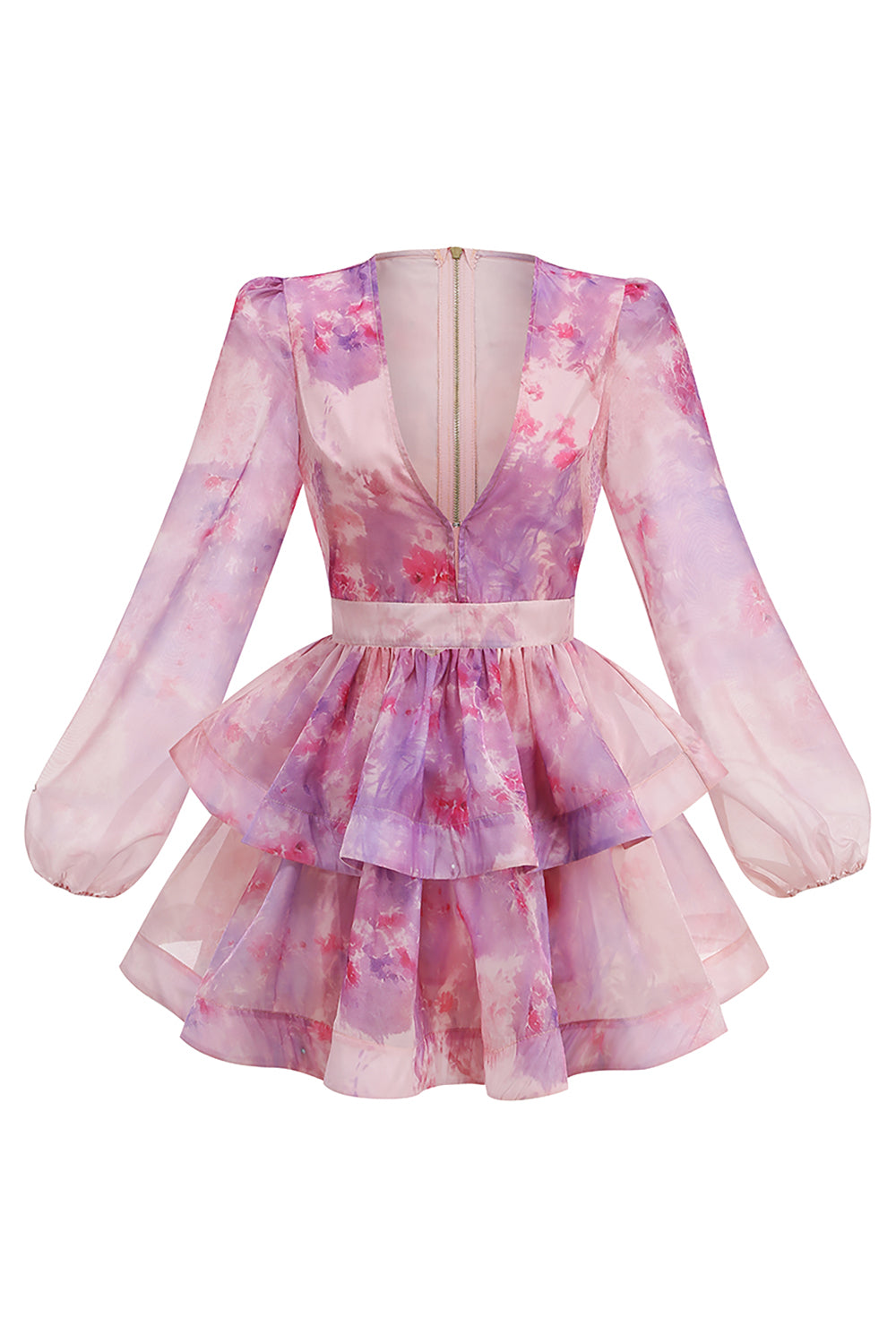 Deep V Floral Print Ruffled Mini Dress