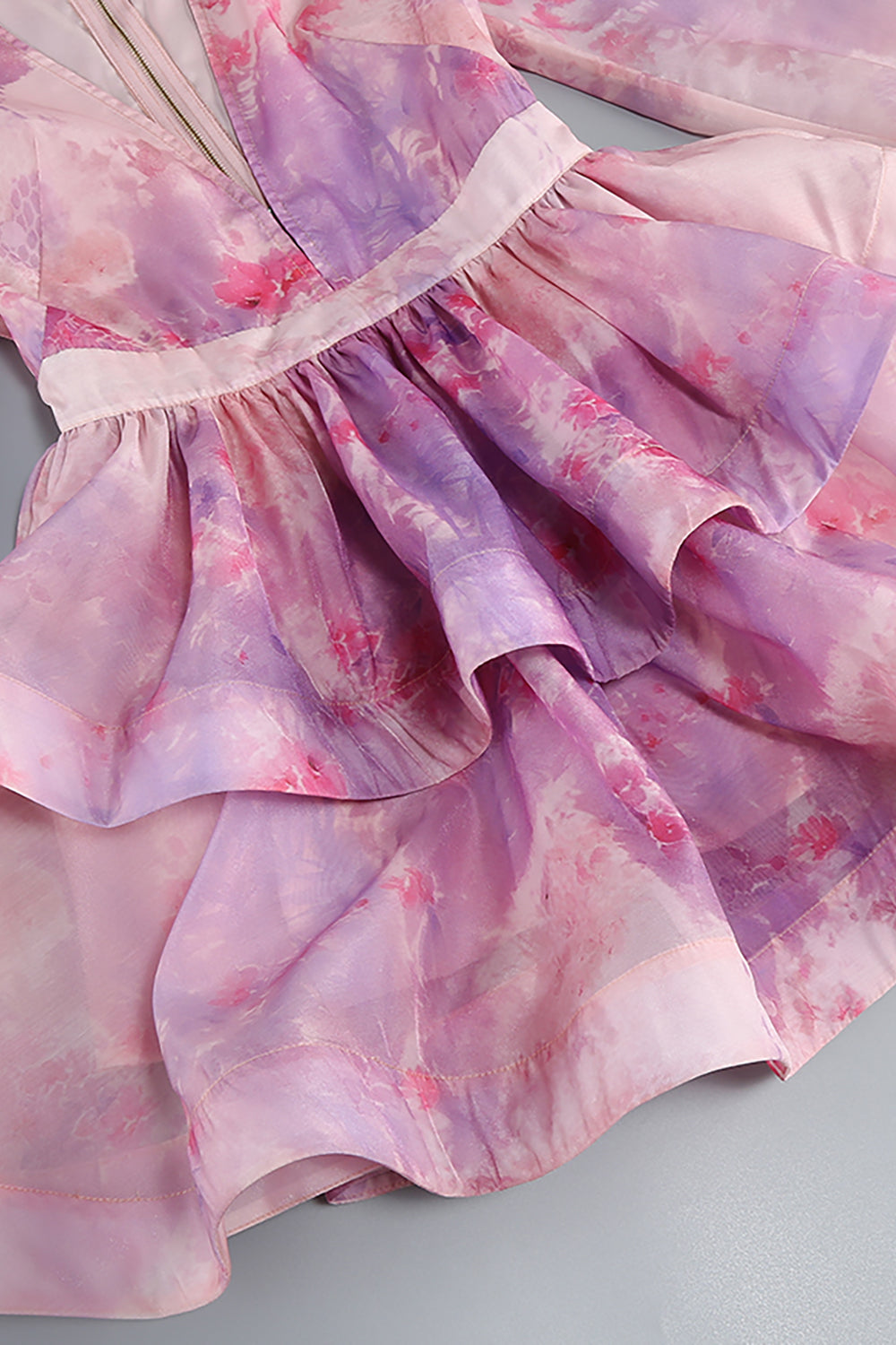 Deep V Floral Print Ruffled Mini Dress