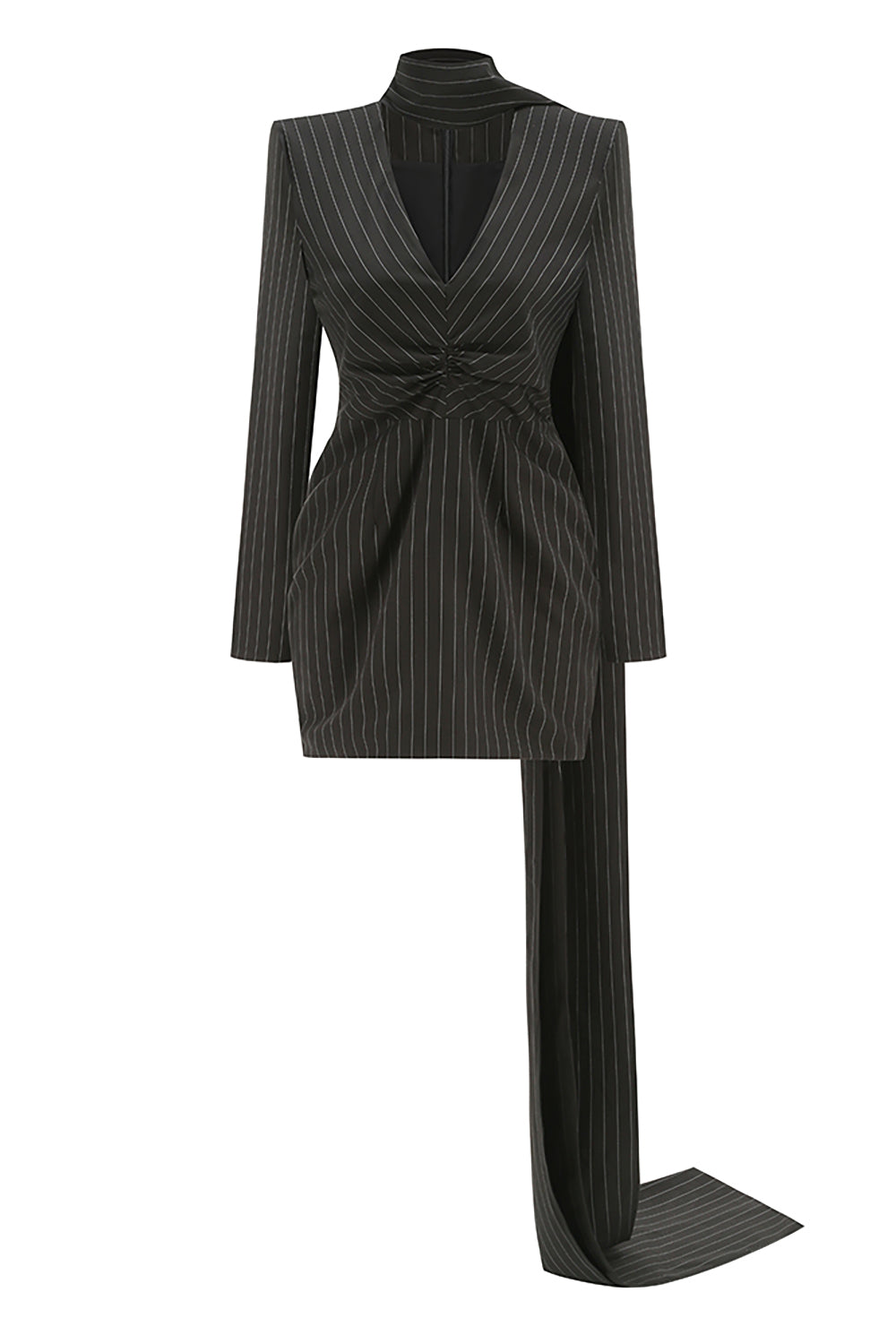 Deep V Pinstripes Black Mini Blazer Dress With Scarf