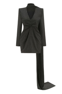 Deep V Pinstripes Black Mini Blazer Dress With Scarf