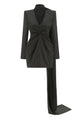 Deep V Pinstripes Black Mini Blazer Dress With Scarf