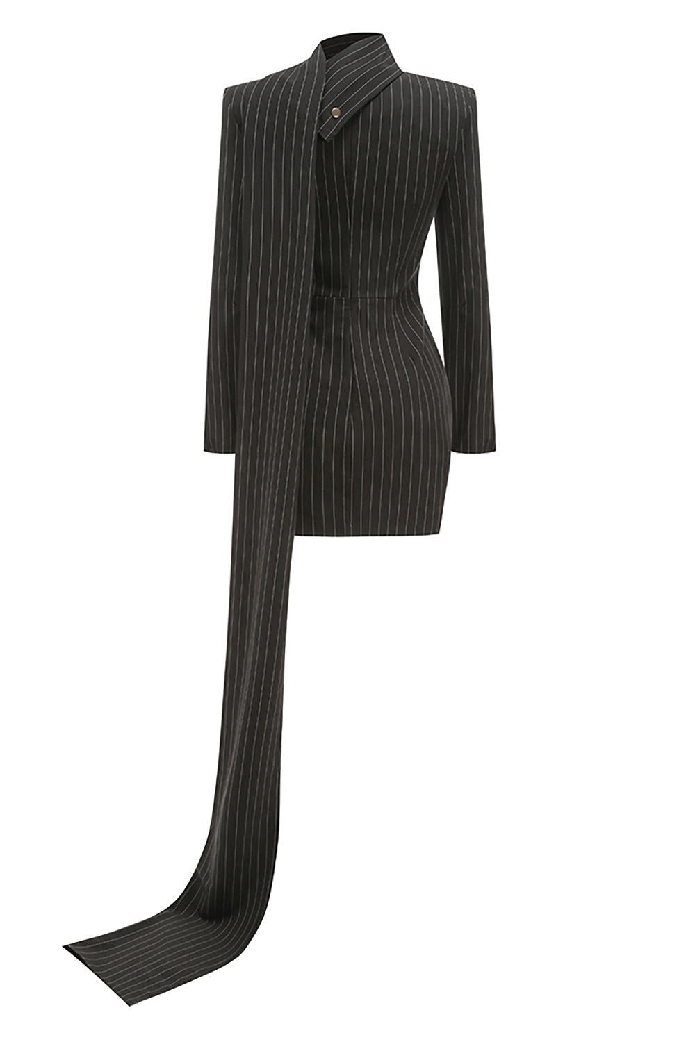 Deep V Pinstripes Black Mini Blazer Dress With Scarf