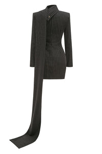 Deep V Pinstripes Black Mini Blazer Dress With Scarf
