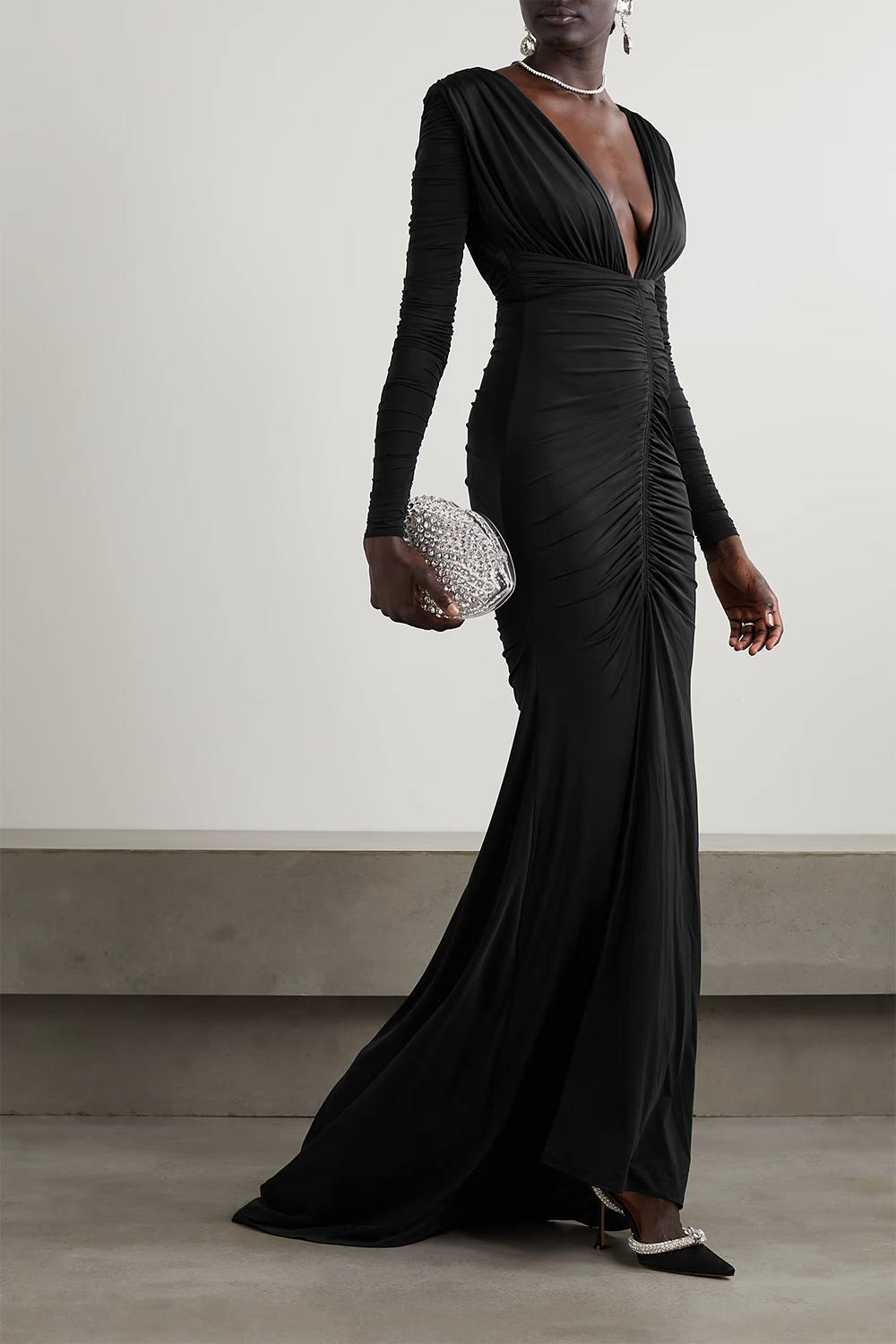 Deep V Ruched Stretch Jersey Maxi Dress IULOVER Deep V Ruched Stretch Jersey Maxi Dress IULOVER