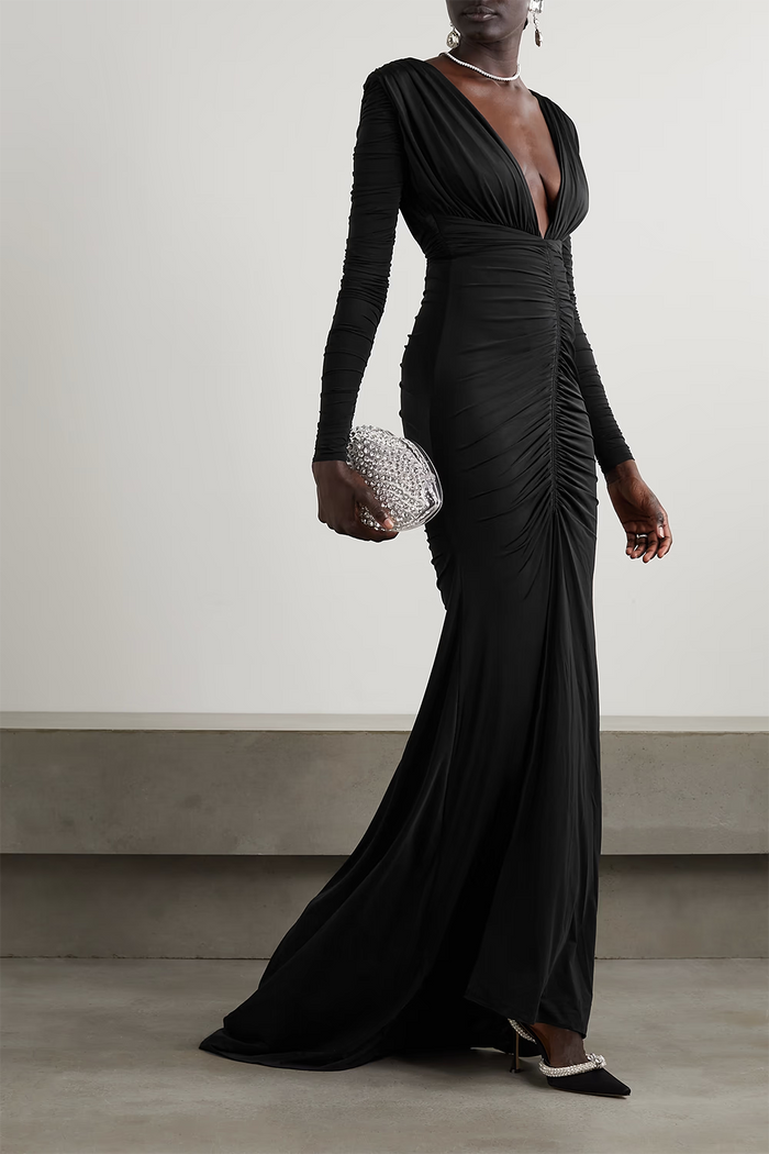 Deep V Ruched Stretch Jersey Maxi Dress