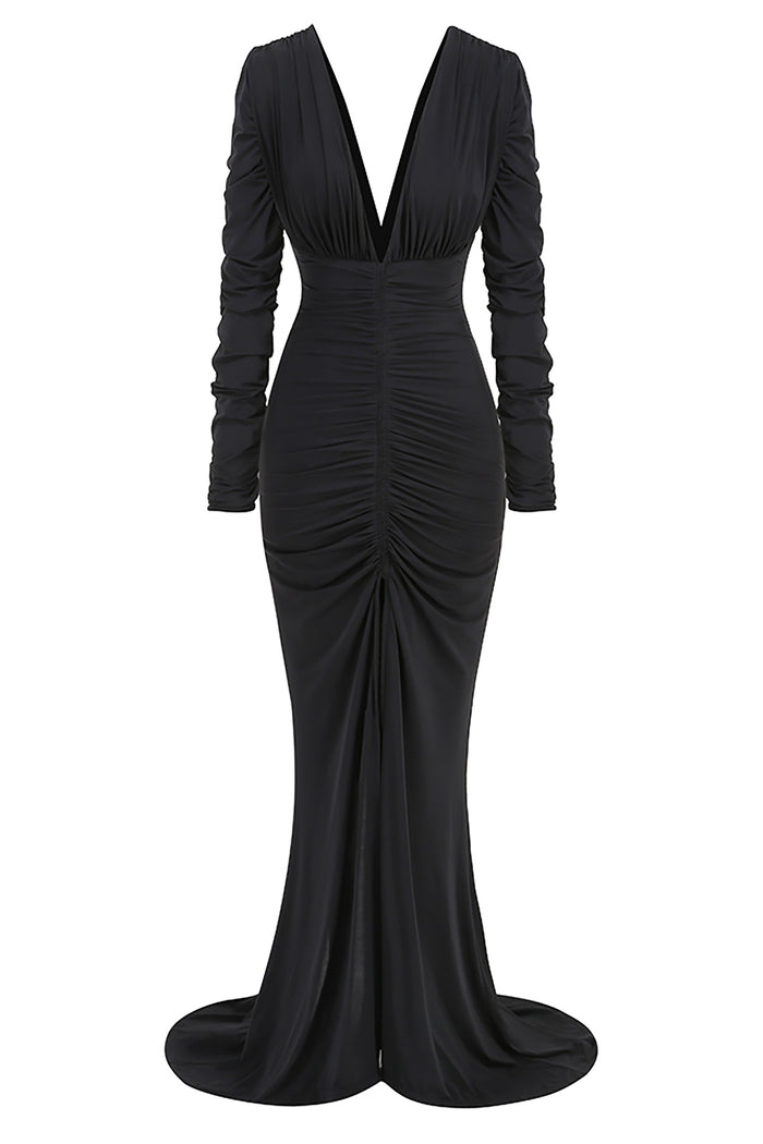 Deep V Ruched Stretch Jersey Maxi Dress