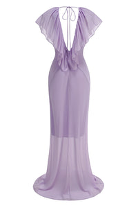 Deep V Ruffled Draped Maxi Dress in Lavander