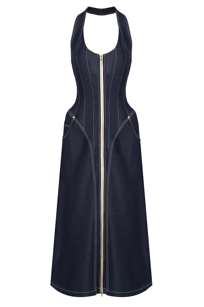 long denim dresses for ladies Denim Halterneck Midi Dress – IULOVER