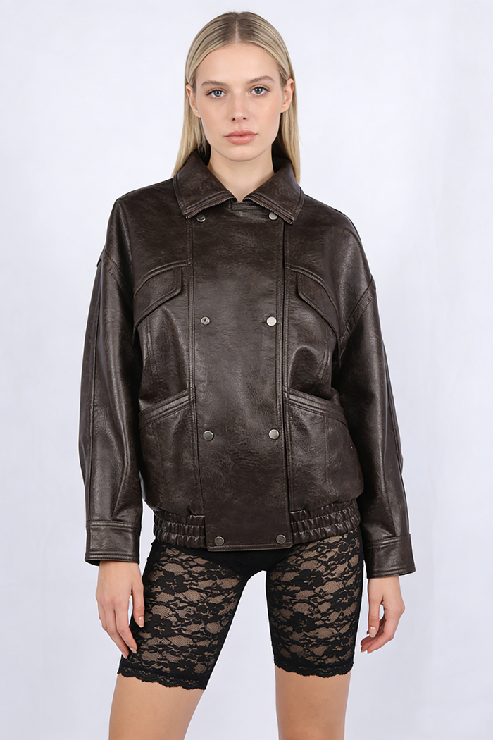 Oversized Double-breasted Leather Jacket