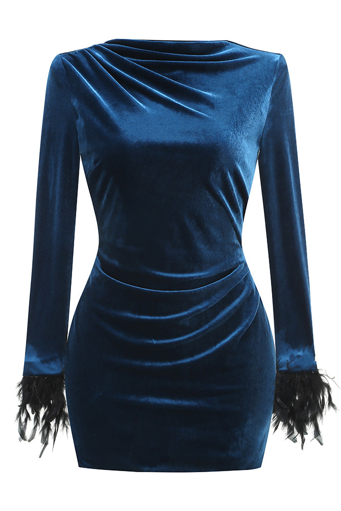 Drape Feather Velvet Mini Dress IULOVER Drape Feather Velvet Mini Dress IULOVER