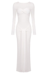 Draped Long Sleeve Gown in White Brwon