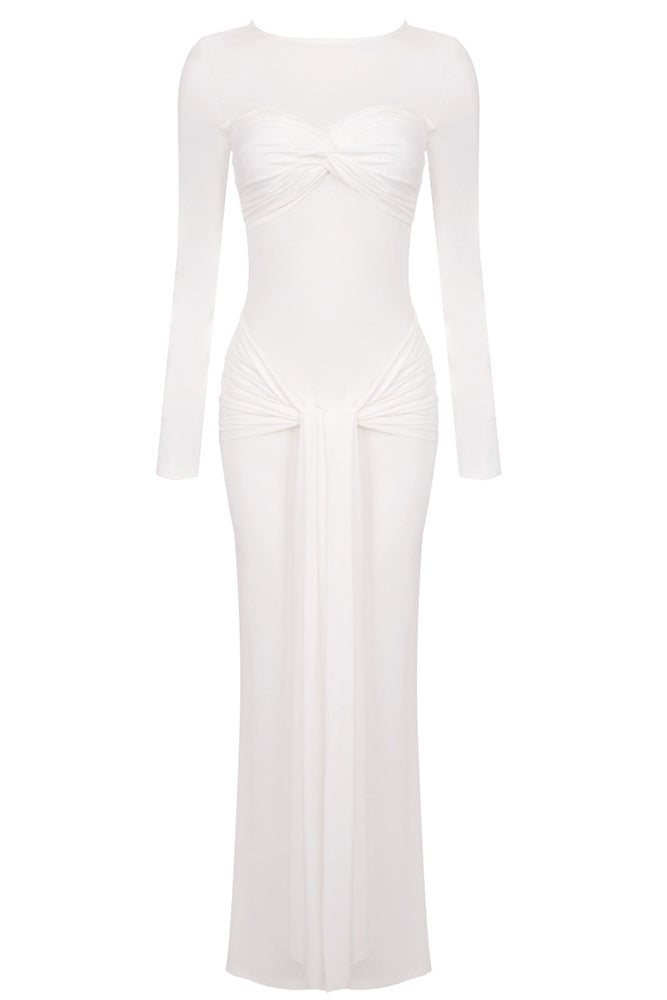 Draped Long Sleeve Gown in White Brwon