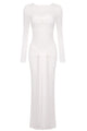 Draped Long Sleeve Gown in White Brwon