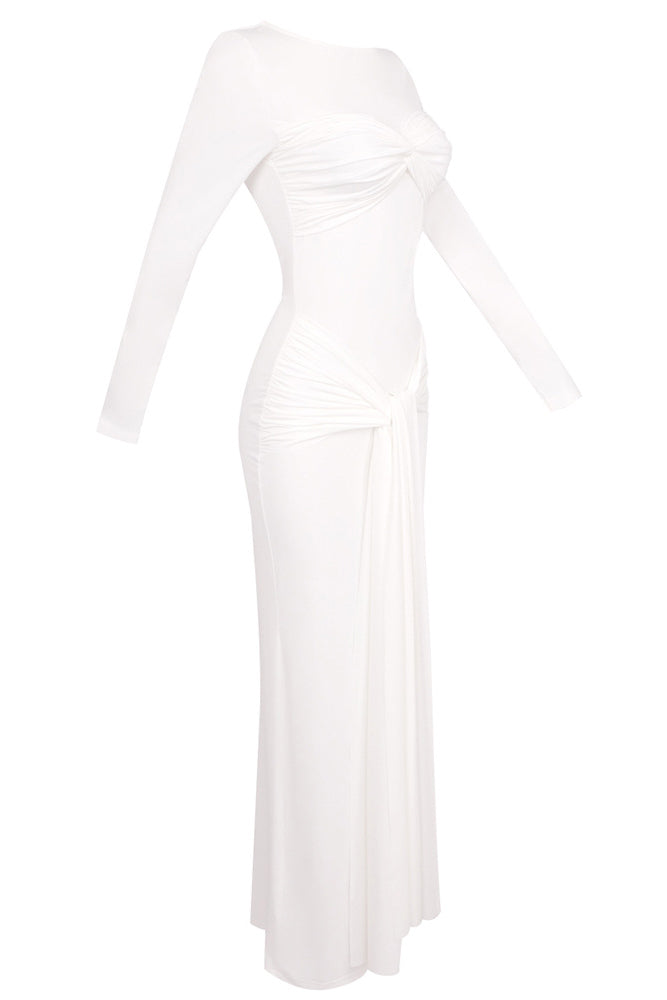 Draped Long Sleeve Gown in White Brwon