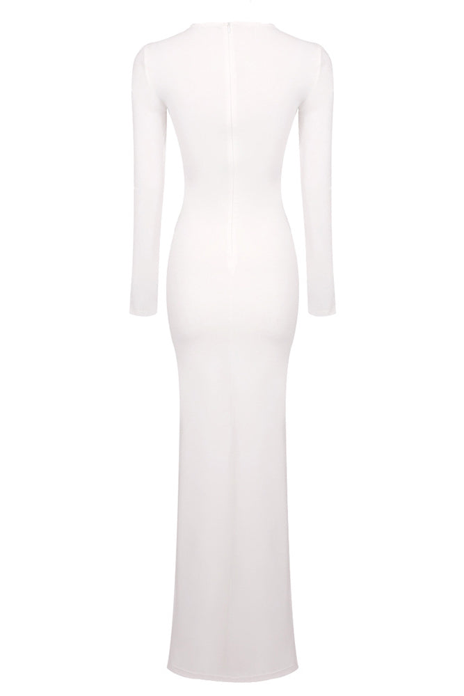 Draped Long Sleeve Gown in White Brwon