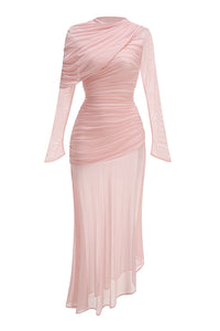 Long Sleeve Draped Mesh Maxi Dress