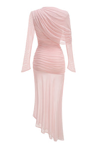 Long Sleeve Draped Mesh Maxi Dress
