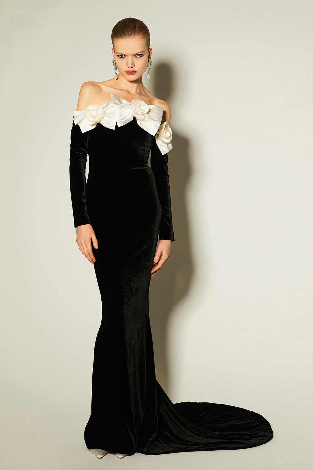 Duchesse Bows Off The Shoulder Velvet Gown