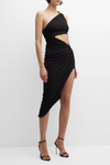 Elliptical Cutout Thigh-Slit One-Shoulder Midi Dress In Black