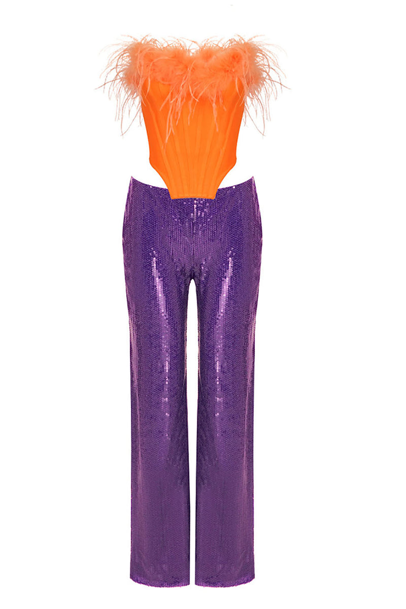 Feather Trim Bandag Bustier in Orange and Sequin Relaxed Fit Trouser in Purple