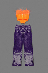 Feather Trim Bandag Bustier in Orange and Sequin Relaxed Fit Trouser in Purple