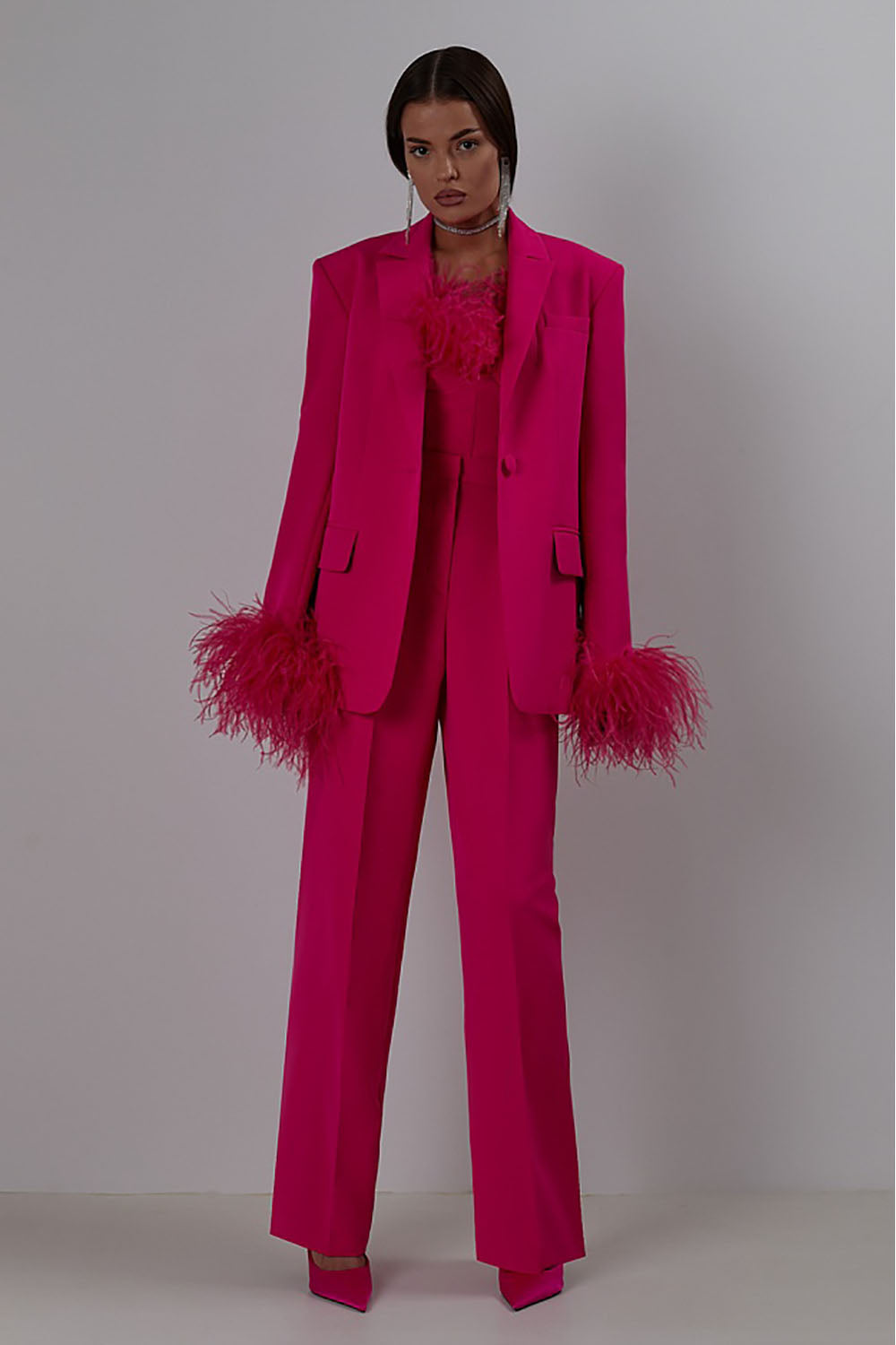 Feather Trim Blazer & Trousers Suits