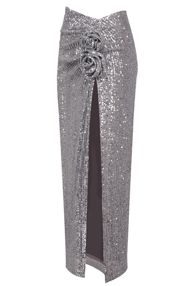 Floral-applique Sequined Slit Maxi Skirts