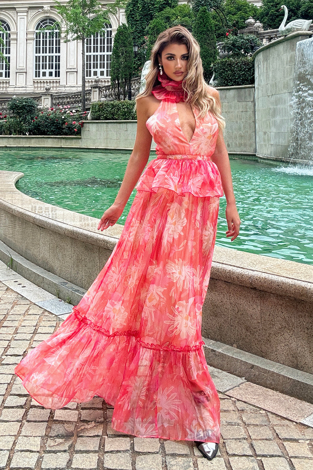 Floral Printed Cut Out A-Line Maxi Dress IULOVER Floral Printed Cut Out A-Line Maxi Dress IULOVER