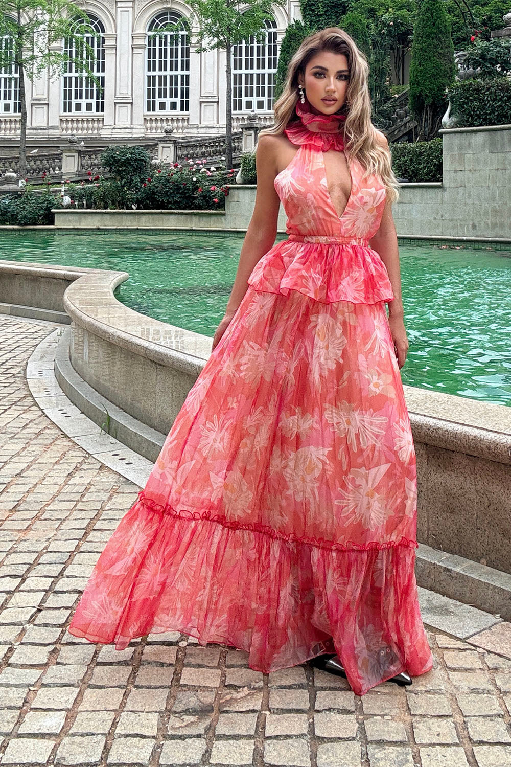 Floral Printed Cut Out A-Line Maxi Dress IULOVER Floral Printed Cut Out A-Line Maxi Dress IULOVER