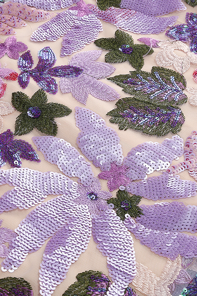 Floral Sequin Embroidery Two Piece Dress in Purple