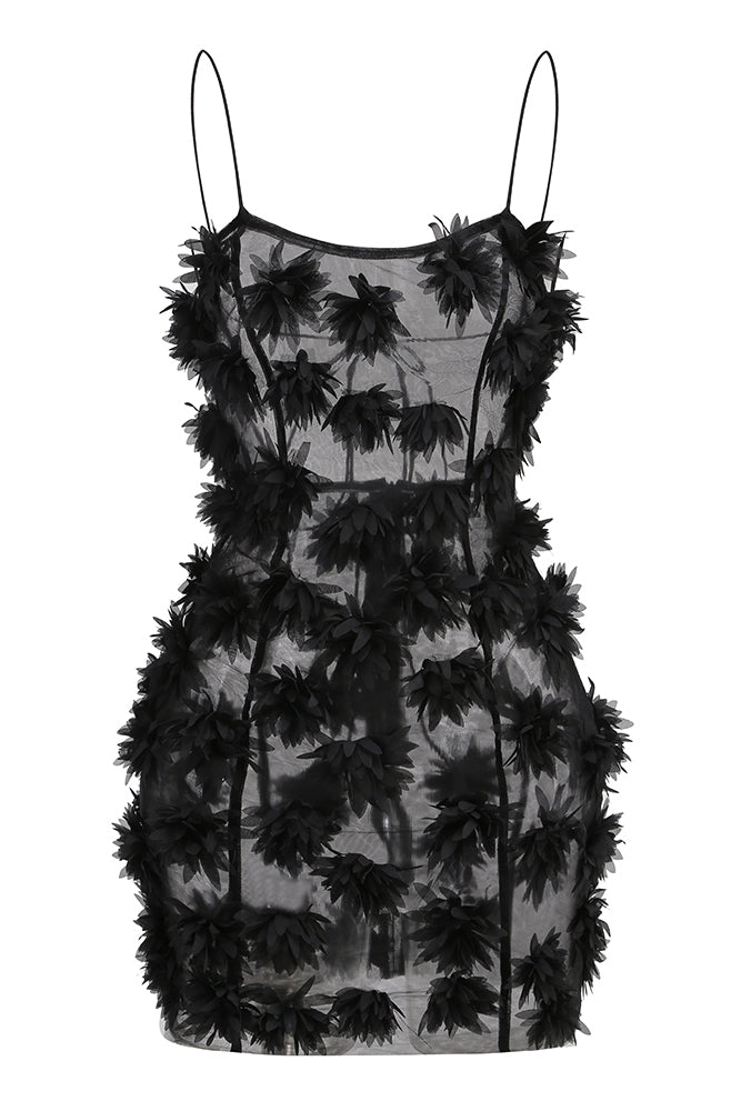 Flower-embellished Mesh Mini Dress