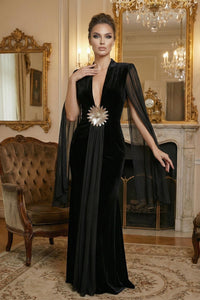 Flower Belt V-Neck Long Sleeved Maxi Dress In Black