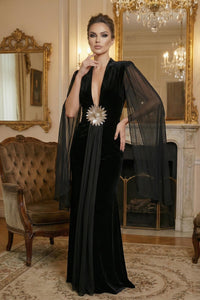 Flower Belt V-Neck Long Sleeved Maxi Dress In Black