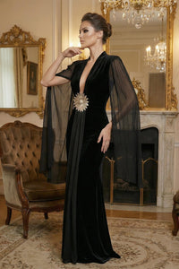 Flower Belt V-Neck Long Sleeved Maxi Dress In Black